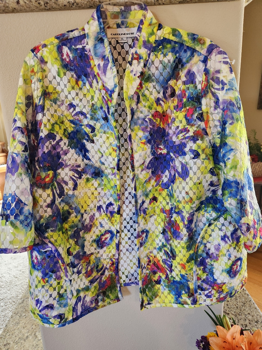 Caroline Rose Eyecatching Floral Mesh Open-Front Jacket - Yellow & Blue Size XL